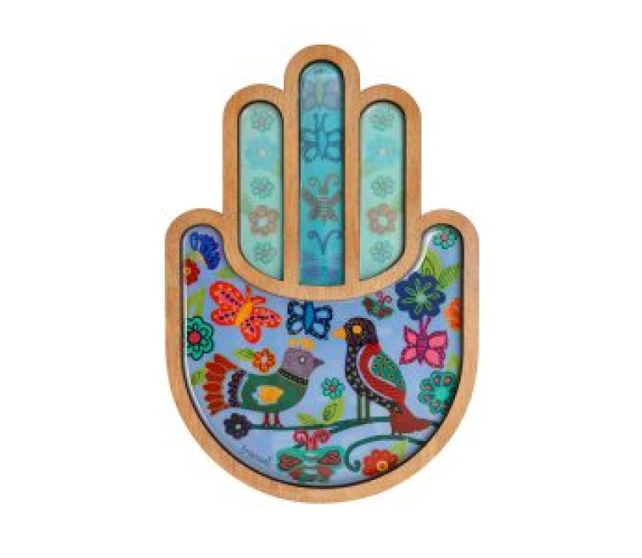 Yair Emanuel Two Layer Wood Wall Hamsa, Enamel Finish - Pastoral Scene