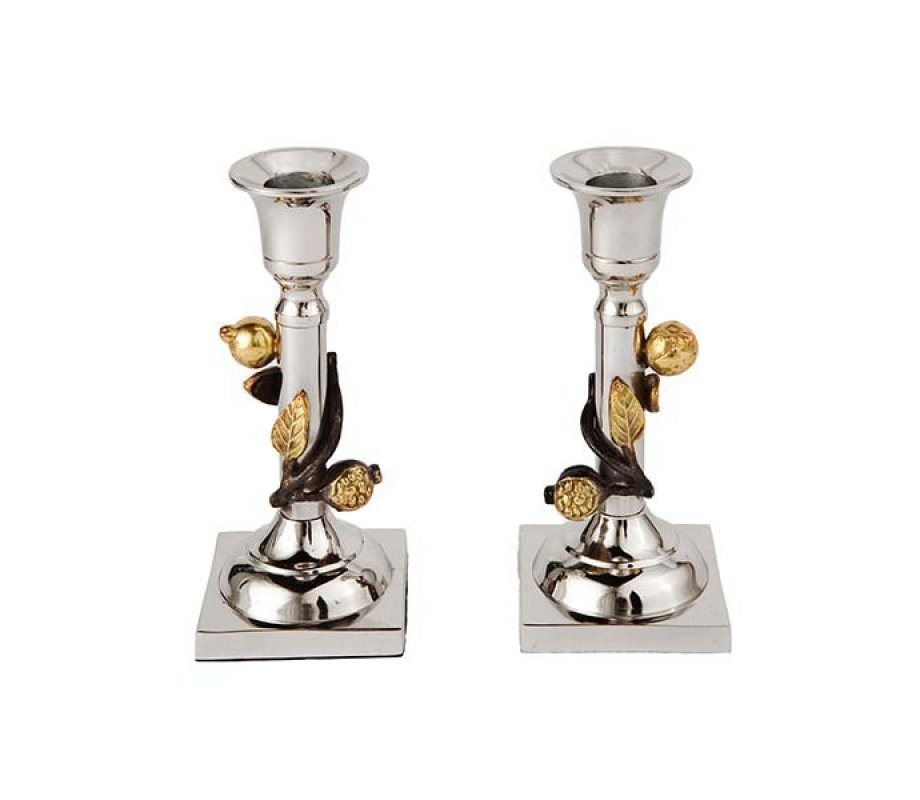 Yair Emanuel Two Tone Metal Leaf Design Candlesticks