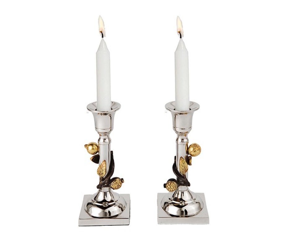 Yair Emanuel Two Tone Metal Leaf Design Candlesticks