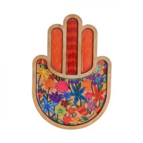 Yair Emanuel Two-Layer Wood Wall Hamsa, Enamel Finish - Colorful Floral Display