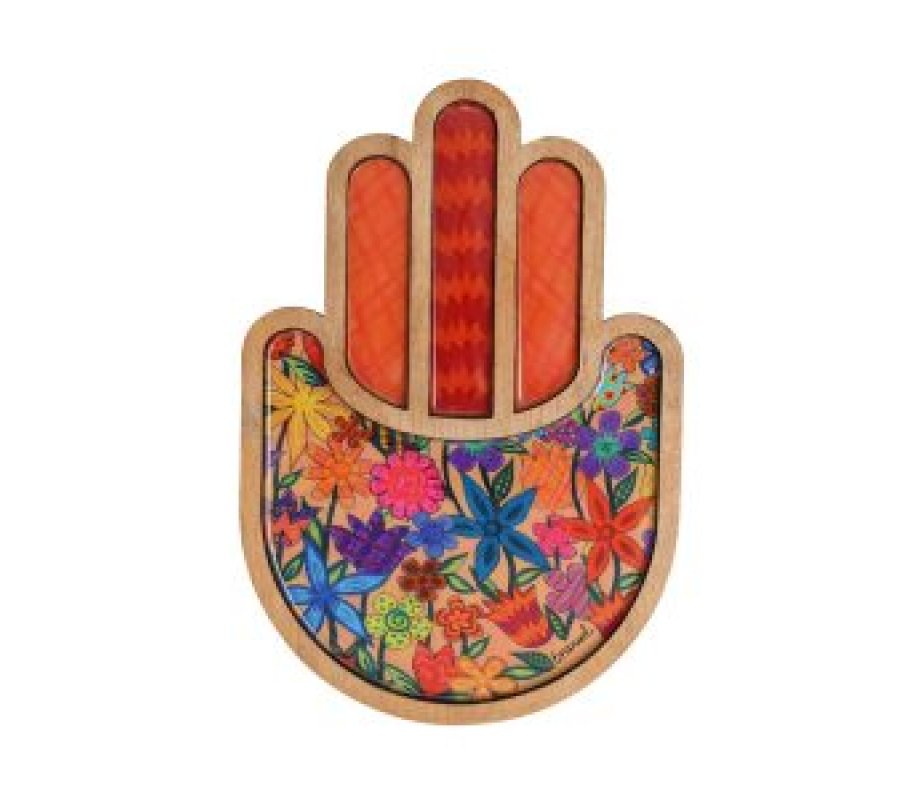 Yair Emanuel Two-Layer Wood Wall Hamsa, Enamel Finish - Colorful Floral Display