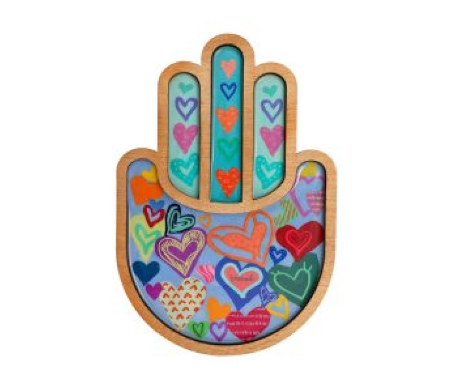 Yair Emanuel Two-Layer Wood Wall Hamsa, Enamel Finish - Colorful Hearts