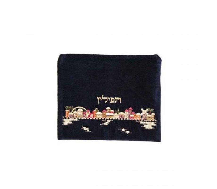 Yair Emanuel Velvet Tallit and Tefillin Bag Set - Embroidered Jerusalem Images