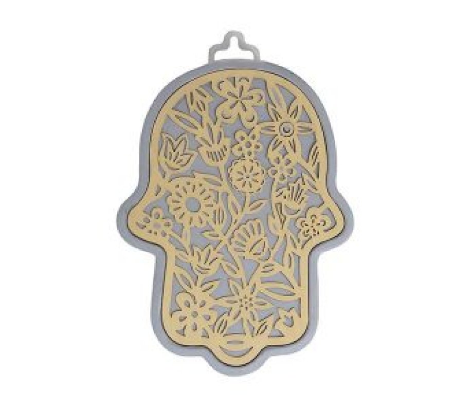 Yair Emanuel Wall Hamsa, Overlay of Cutout Floral Display - Gold on Silver