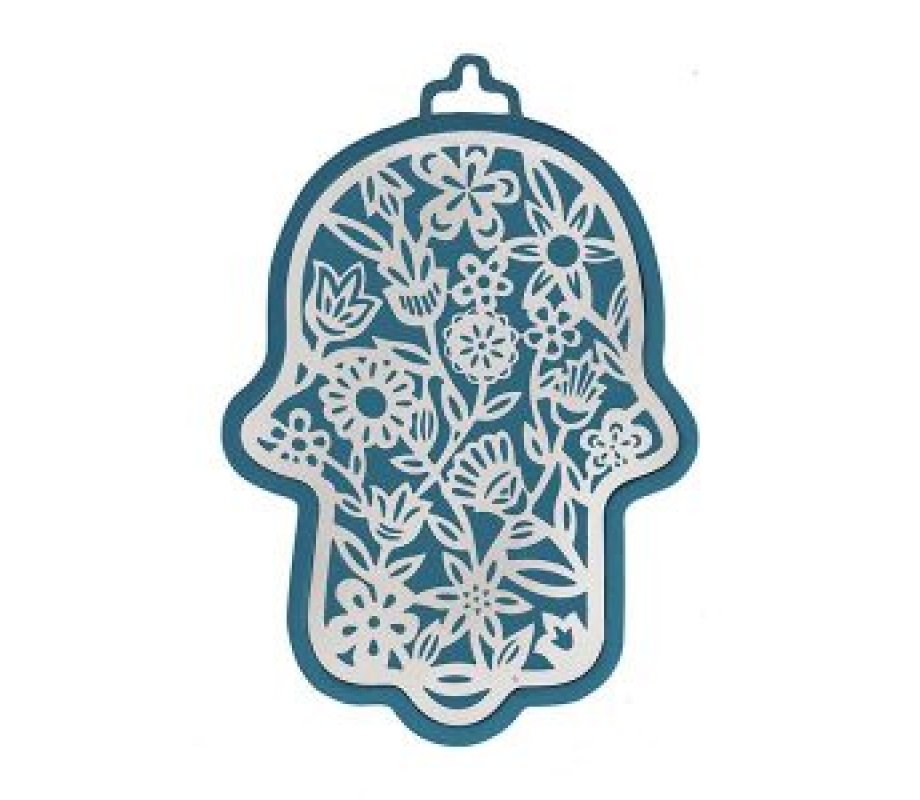 Yair Emanuel Wall Hamsa, Overlay of Cutout Floral Display - Silver on Blue