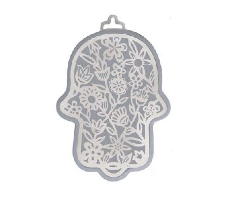 Yair Emanuel Wall Hamsa, Overlay of Cutout Floral Display - Silver on Silver