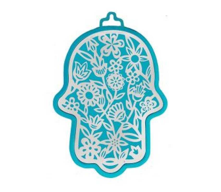 Yair Emanuel Wall Hamsa, Overlay of Cutout Floral Display - Silver on Turquoise