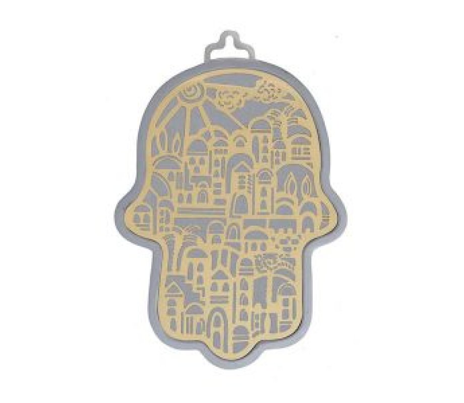 Yair Emanuel Wall Hamsa, Overlay of Cutout Jerusalem Images - Gold on Silver
