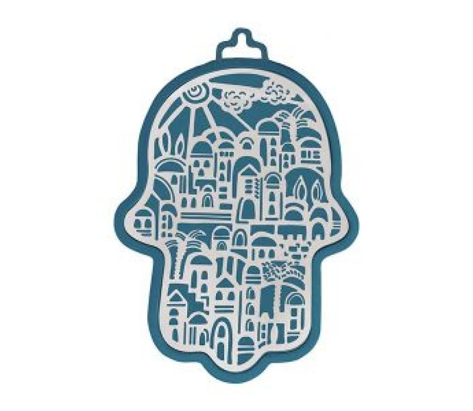 Yair Emanuel Wall Hamsa, Overlay of Cutout Jerusalem Images - Silver on Blue