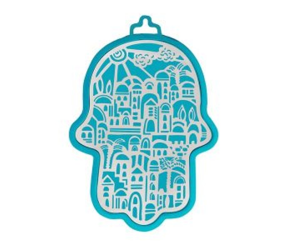 Yair Emanuel Wall Hamsa, Overlay of Cutout Jerusalem Images - Silver on Turquoise