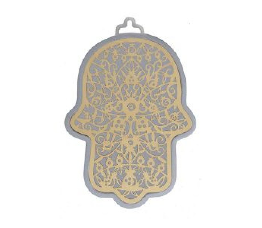 Yair Emanuel Wall Hamsa, Overlay of Cutout Pomegranates - Gold on Silver
