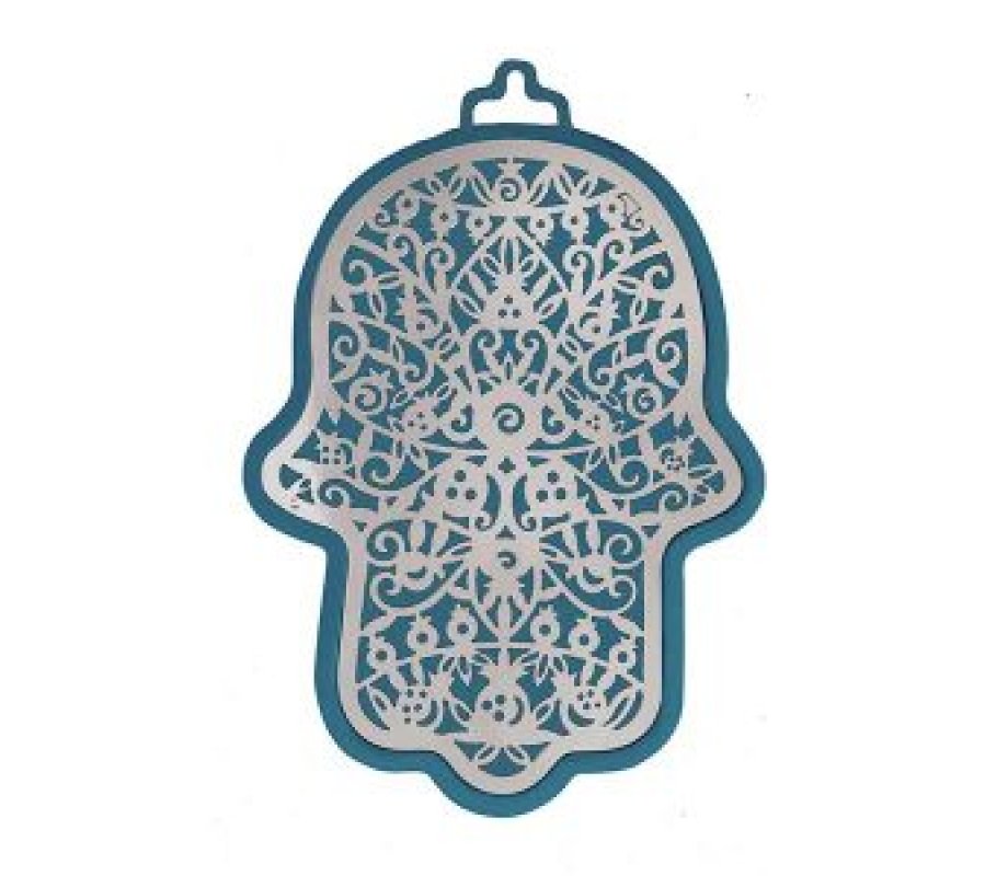 Yair Emanuel Wall Hamsa, Overlay of Cutout Pomegranates - Silver on Blue