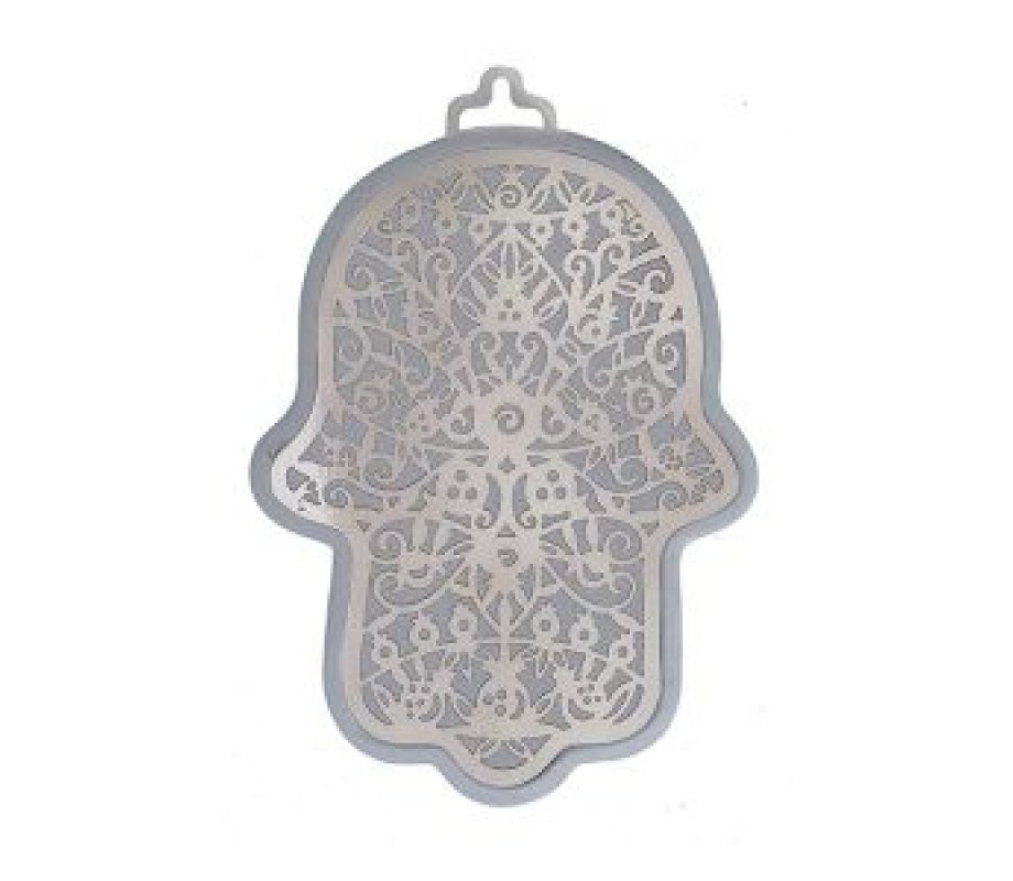 Yair Emanuel Wall Hamsa, Overlay of Cutout Pomegranates - Silver on Silver