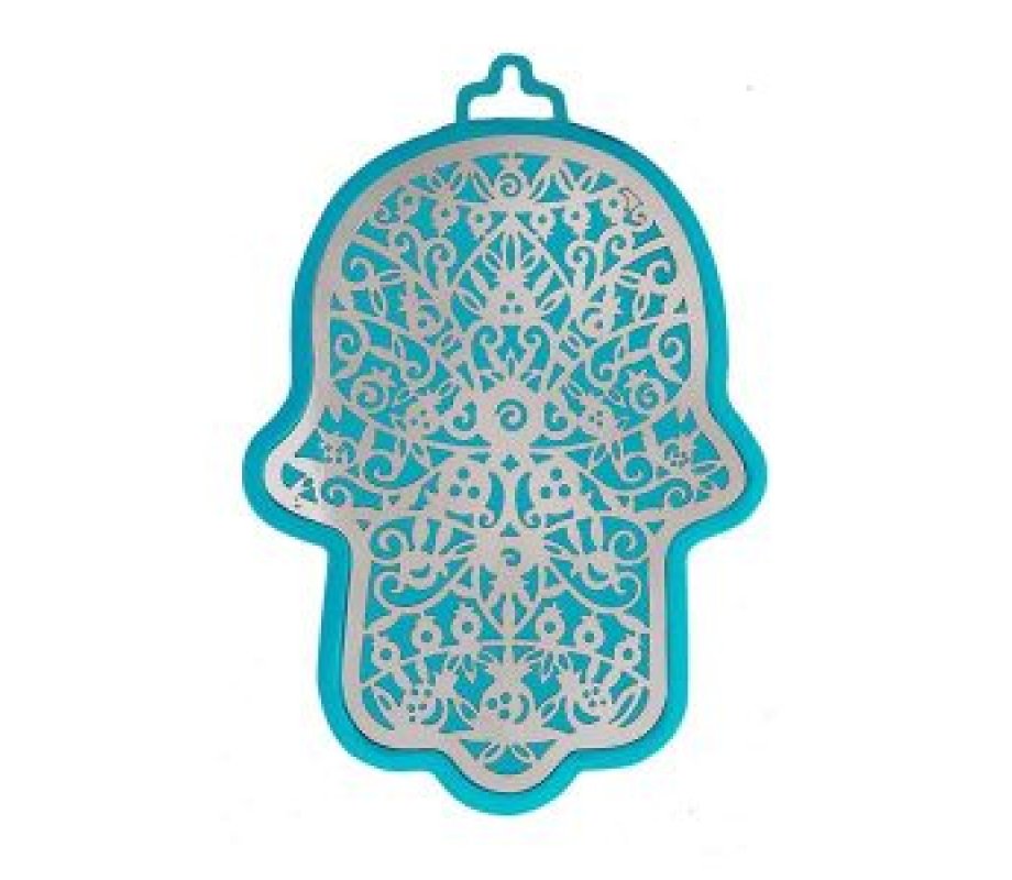 Yair Emanuel Wall Hamsa, Overlay of Cutout Pomegranates - Silver on Turquoise