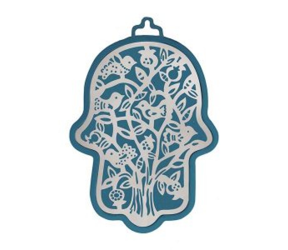Yair Emanuel Wall Hamsa, Overlay of Cutout Tree and Bird Images - Silver on Blue
