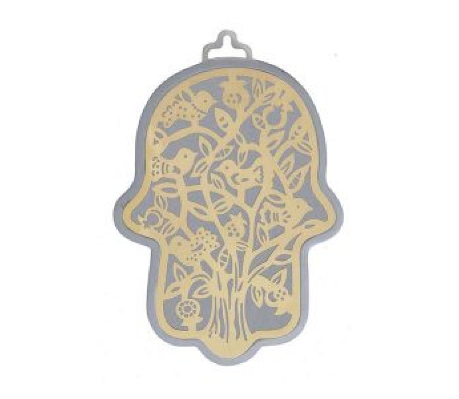 Yair Emanuel Wall Hamsa, Overlay of Cutout Tree and Birds - Gold on Silver