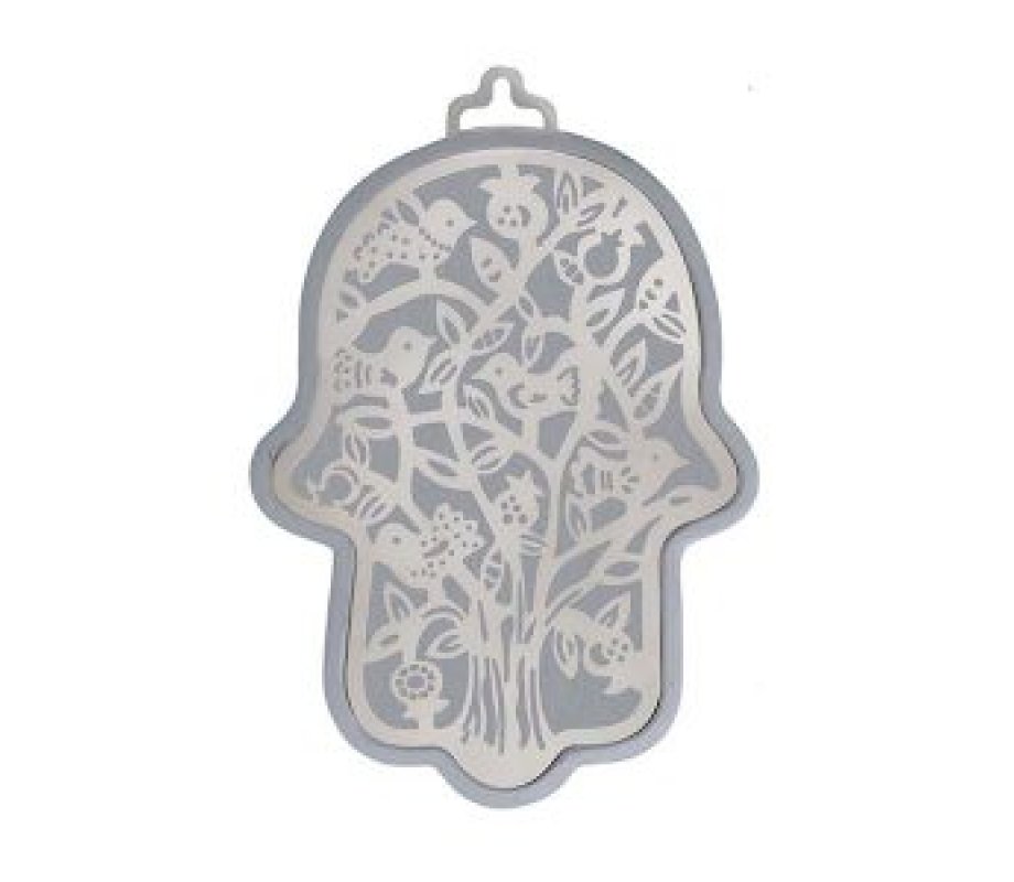 Yair Emanuel Wall Hamsa, Overlay of Cutout Tree and Birds - Silver on Silver