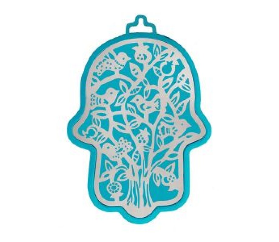 Yair Emanuel Wall Hamsa, Overlay of Cutout Tree and Birds - Silver on Turquoise