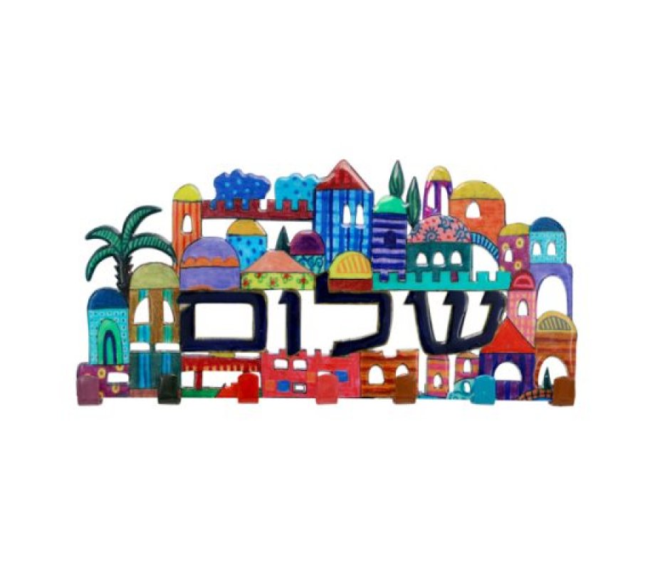 Yair Emanuel Wall Key Hanger, Colorful Jerusalem Design – Shalom in Hebrew