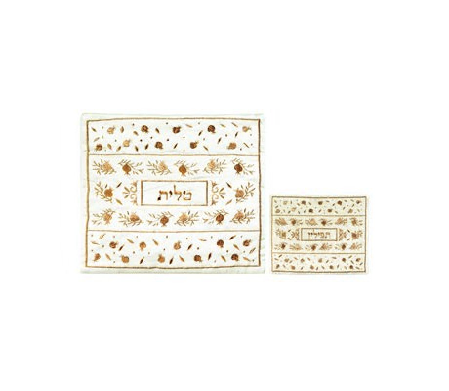 Yair Emanuel White Embroidered Tallit & Tefillin Bag Set - Gold Pomegranates