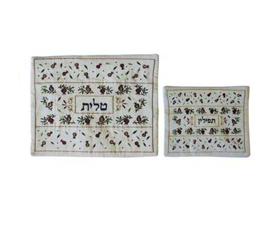 Yair Emanuel White Embroidered Tallit & Tefillin Bag Set - Red Pomegranates