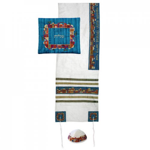 Yair Emanuel White Polysilk Tallit Set - Embroidered Colorful Jerusalem Design