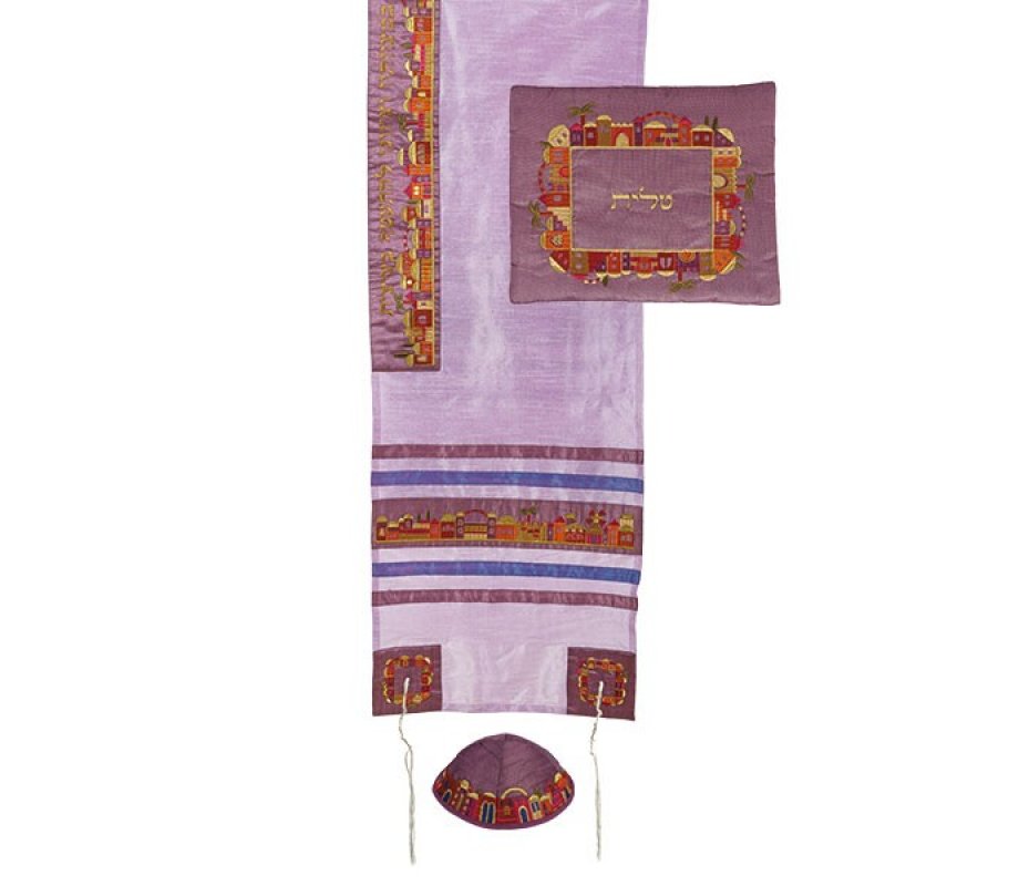 Yair Emanuel White Polysilk Tallit Set, Embroidered Jerusalem Design - Purple on Purple