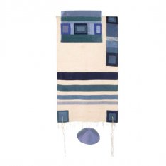 Yair Emanuel White Woven Applique Silk Tallit Set, Blue Stripes
