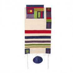 Yair Emanuel White Woven Applique Silk Tallit Set, Multicolored Stripes