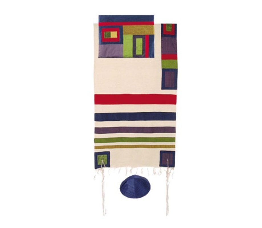 Yair Emanuel White Woven Applique Silk Tallit Set, Multicolored Stripes