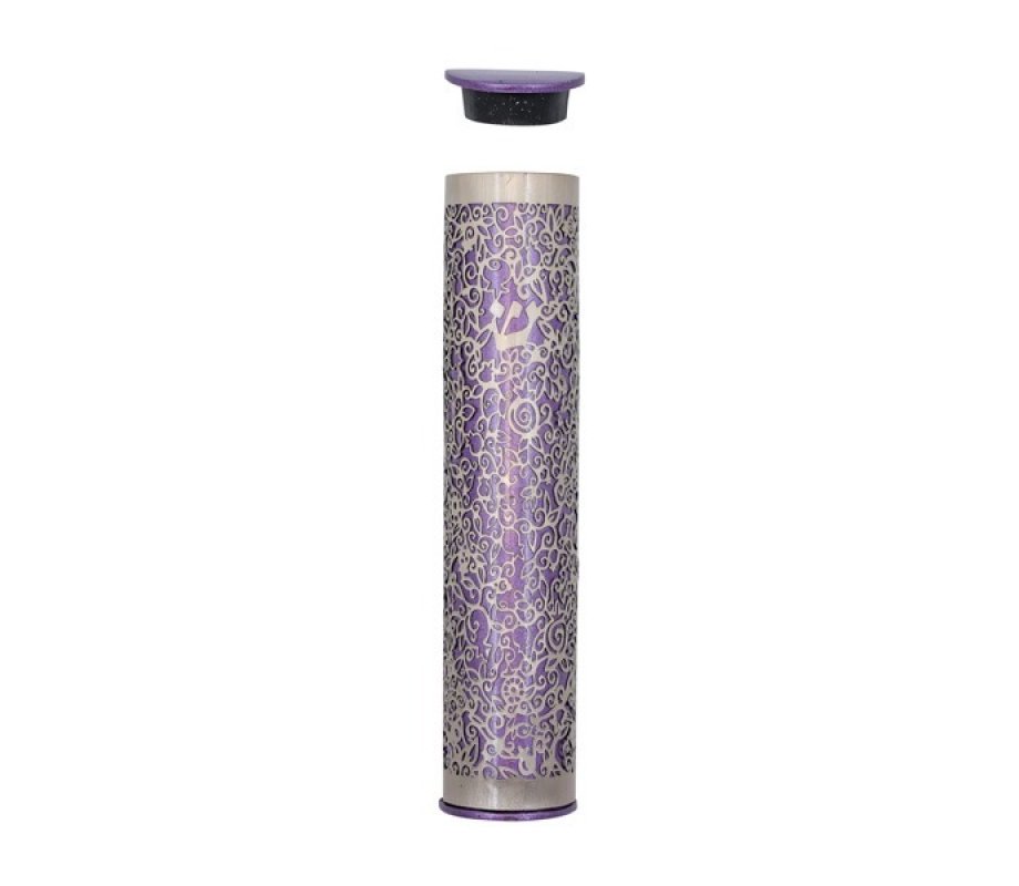 Yair Emanuel Wide Cutout Rounded Metal Mezuzah Case - Lilac Pomegranates