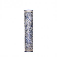 Yair Emanuel Wide Cutout Rounded Metal Mezuzah Case - Silver and Powder Blue Pomegranates