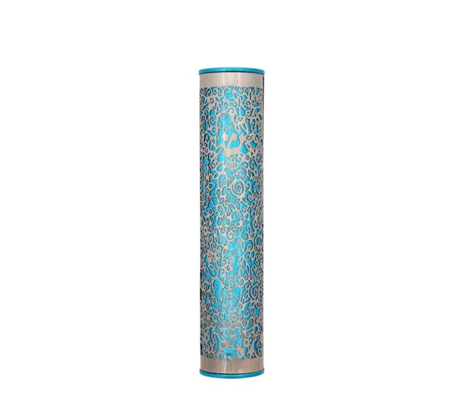 Yair Emanuel Wide Cutout Rounded Metal Mezuzah Case - Silver and Turquoise Pomegranates