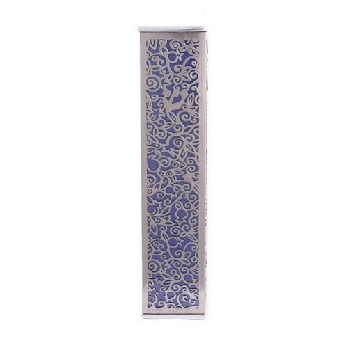 Yair Emanuel Wide Mezuzah Case, Cutout Pomegranates and Flowers - Purple