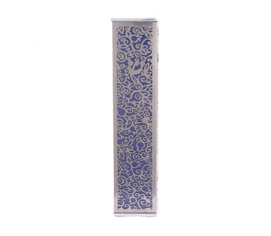 Yair Emanuel Wide Mezuzah Case, Cutout Pomegranates and Flowers - Purple