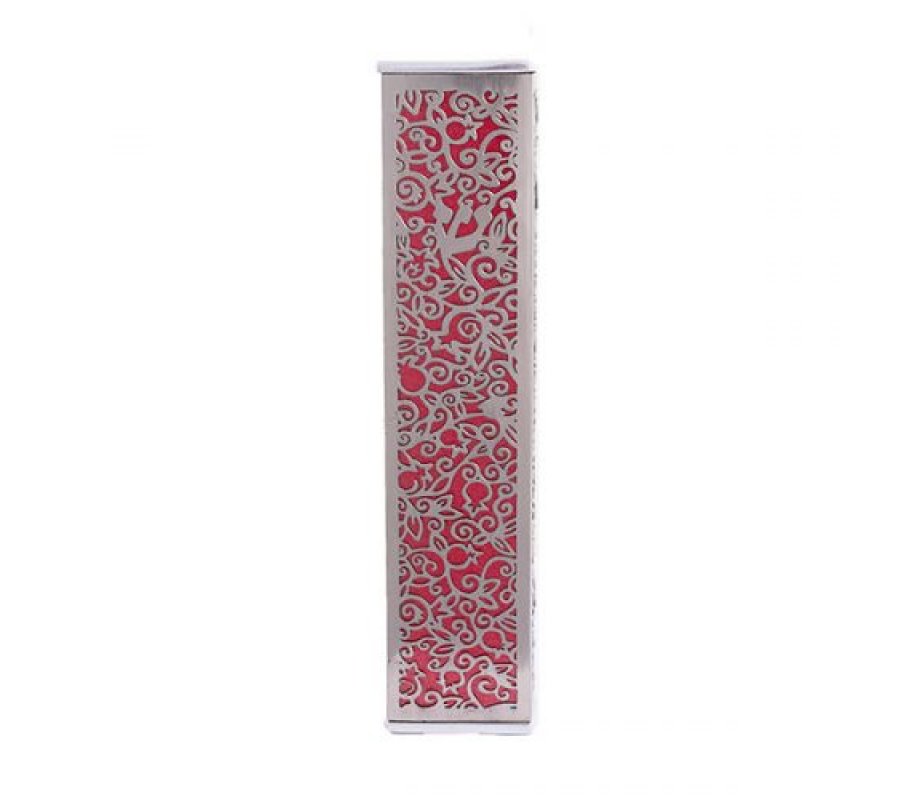 Yair Emanuel Wide Mezuzah Case, Cutout Pomegranates and Flowers - Red