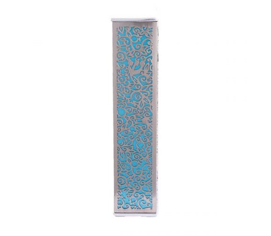 Yair Emanuel Wide Mezuzah Case, Cutout Pomegranates and Flowers - Turquoise