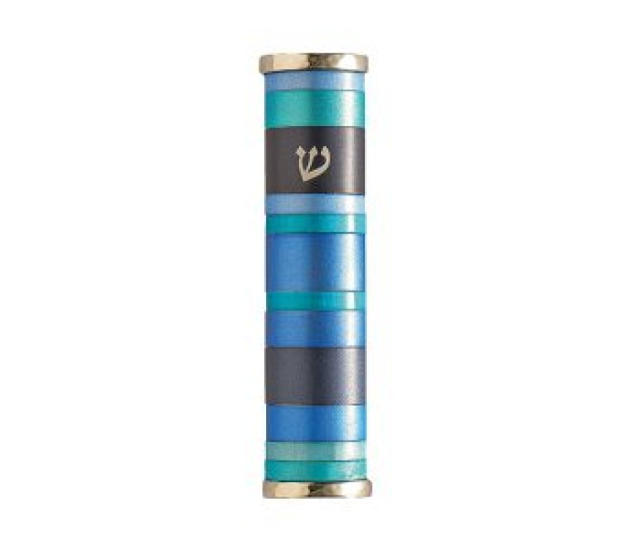 Yair Emanuel Wide Rounded Anodized Aluminum Mezuzah Case - Blue Stripes