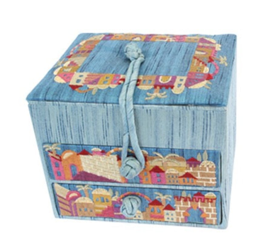 Yair Emanuel Wood & Fabric Embroidered Blue Jewelry Box - Jerusalem