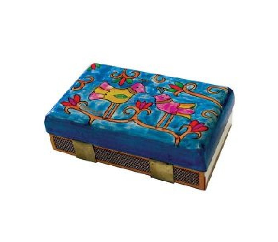 Yair Emanuel Wood Match Box Holder, Large - Painted Birds and Flowers