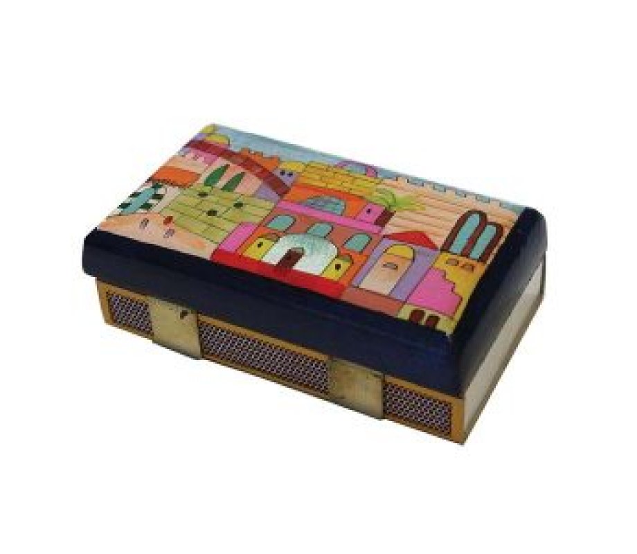 Yair Emanuel Wood Match Box Holder, Large – Painted Colorful Jerusalem