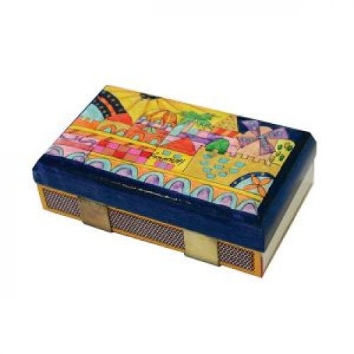 Yair Emanuel Wood Match Box Holder, Large  Painted Oriental Jerusalem