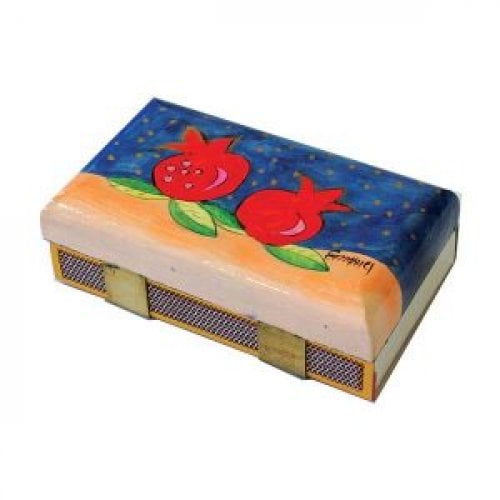 Yair Emanuel Wood Match Box Holder, Large  Painted Pomegranates