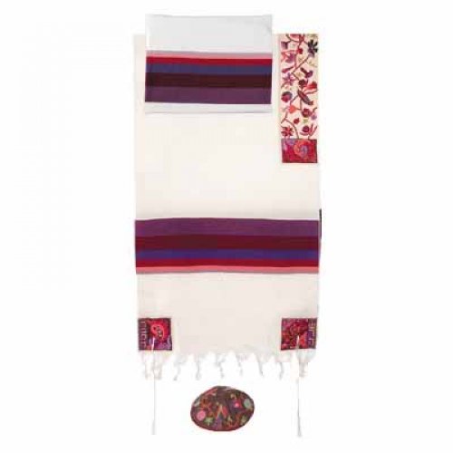 Yair Emanuel Woven Cotton Tallit Set, Hand Embroidered Flowers and Matriarchs