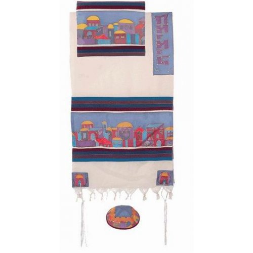 Yair Emanuel Woven Cotton and Silk Tallit Set, Jerusalem Views - Multicolor