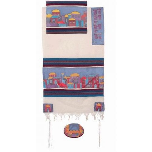 Yair Emanuel Woven Cotton and Silk Tallit Set, Jerusalem Views - Multicolor