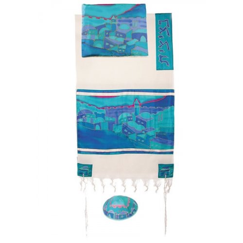 Yair Emanuel Woven Cotton and Silk Tallit Set, Turquoise - Jerusalem Views