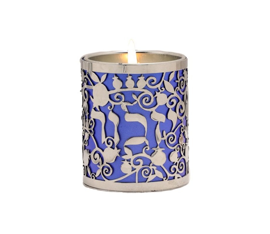 Yair Emanuel Yahrzeit Memorial Candle Holder, Yizkor & Pomegranates Cutout – Blue
