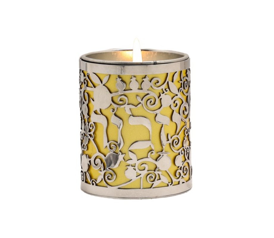 Yair Emanuel Yahrzeit Memorial Candle Holder, Yizkor & Pomegranates Cutout – Gold