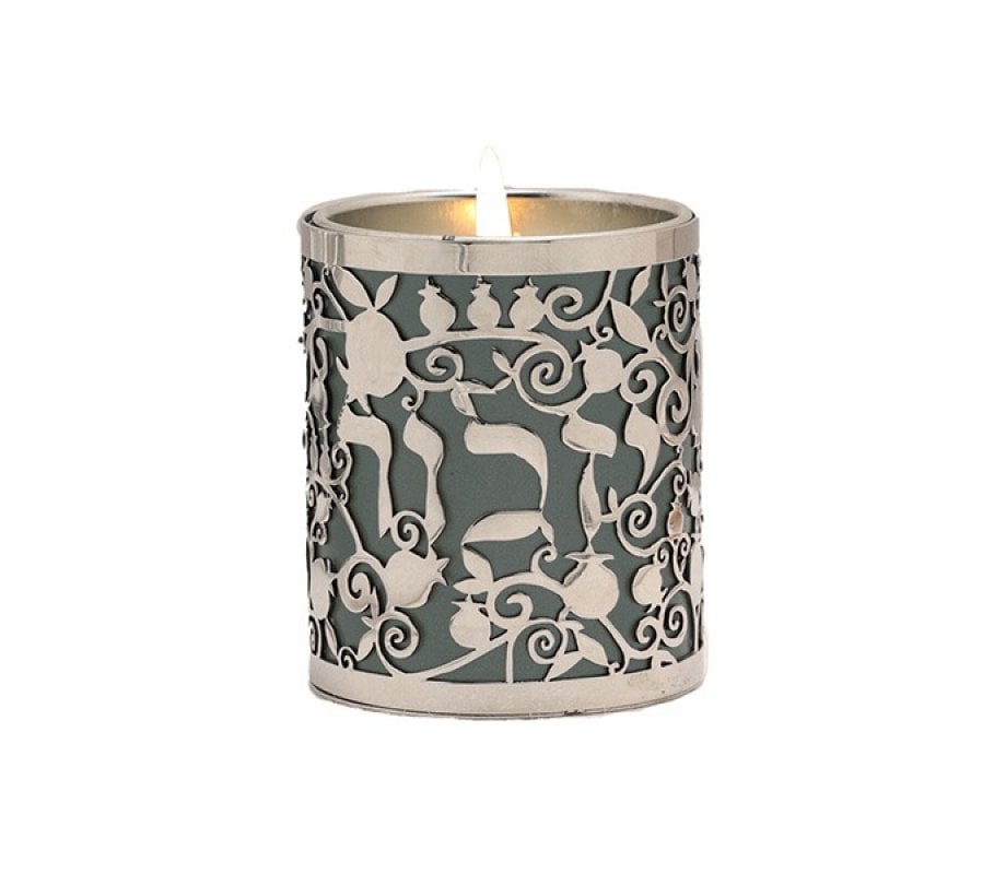 Yair Emanuel Yahrzeit Memorial Candle Holder, Yizkor & Pomegranates Cutout - Gray